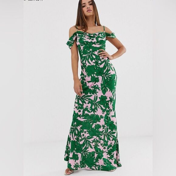 EUC Club L Tropical Print Bardot Cowl Neck Maxi Dress - Picture 2 of 8